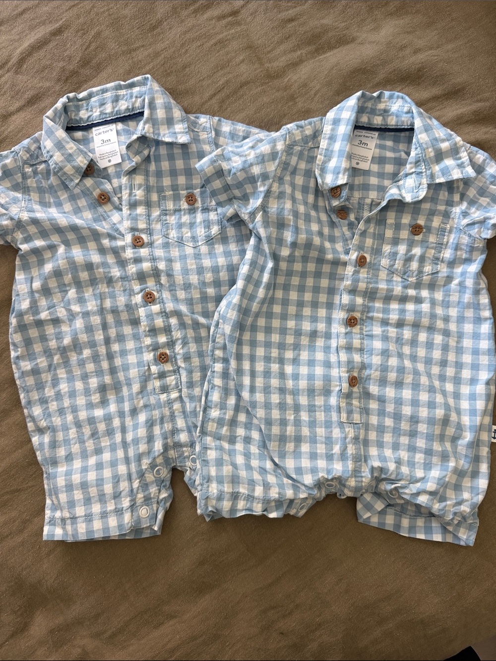 Carter's Light Blue & White Gingham Button-Front Baby Rompers (Pair)